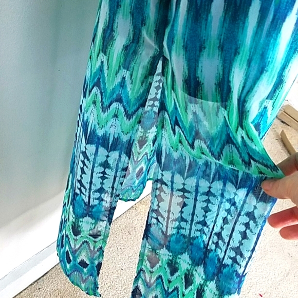 Sundress maxi blue green ruffle lined top slits adj straps elastic waist 1X - Picture 8 of 11